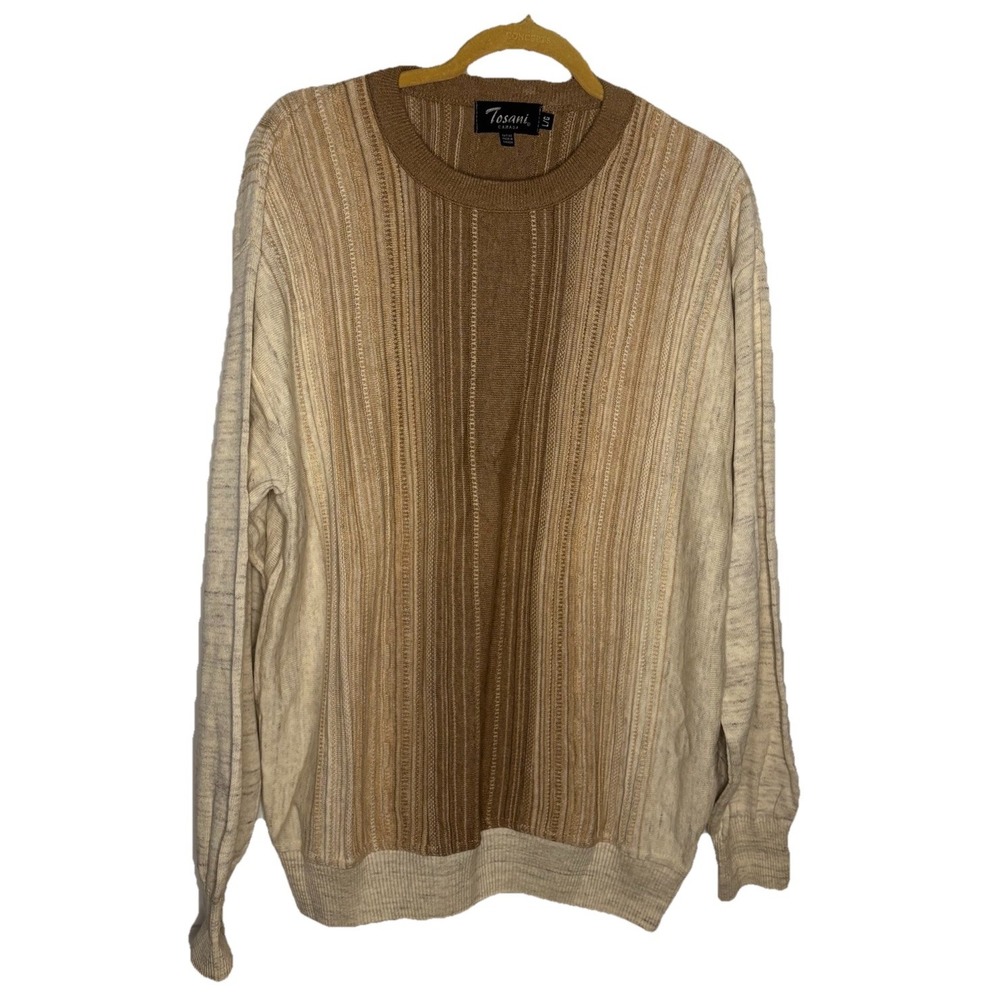 Tosani Canada Mens Cotton Striped Crewneck Sweater Beige Tan Coogi Style